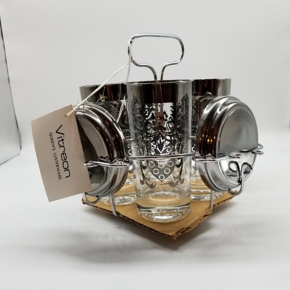 Vintage MCM Queen's Lusterware by Vitreon Guardian Crest Glass Tumbler & Coaster - Picture 5 of 5